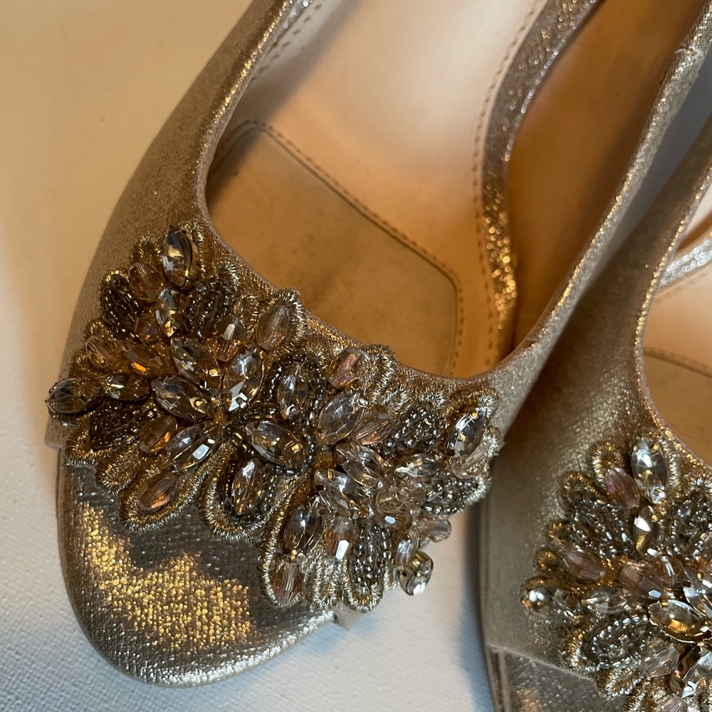 Alex Marie shimmery gold heel with rhinestone accents